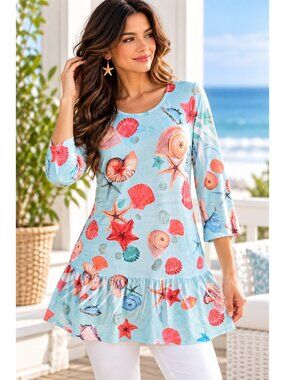 Cal Style Seashell Starfish Tunic Top S M Coastal Beachcore Mermaidcore NWT